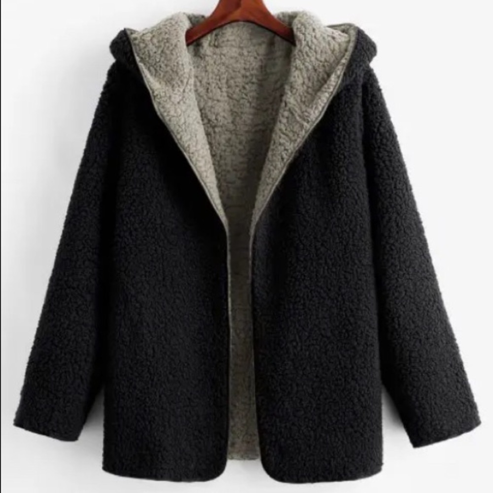 Hooded Open Front Lamb Wool Teddy Coat - Gray S